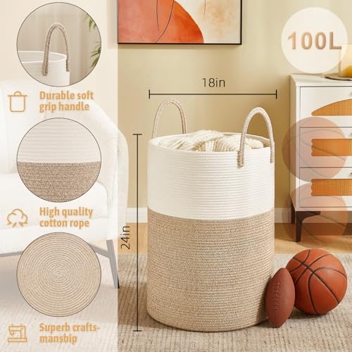 Artfeel Laundry Basket, Woven Cotton Rope Laundry Hamper, 100L - Image 6