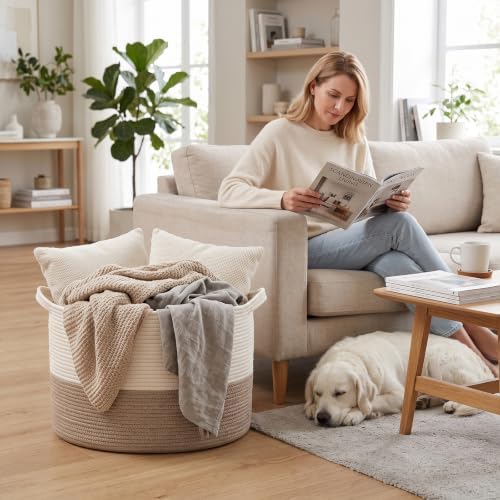 115L Extra Large Blanket Basket, Woven Laundry Basket- White & Brown - Image 4