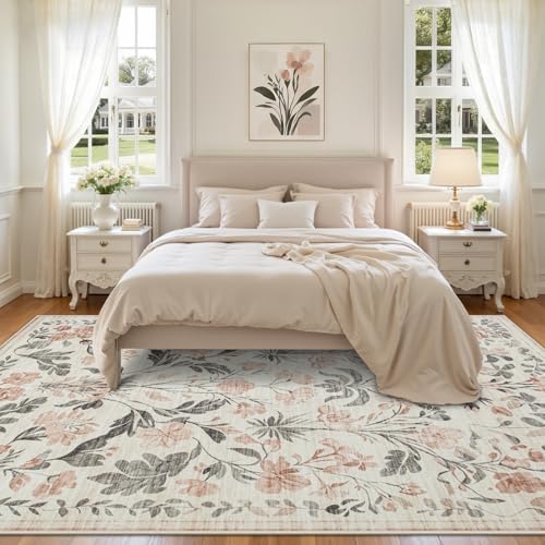 8x10 Area Rugs Boho Floral Washable Living Room Rug Neutral Carpet Bedroom - Image 3