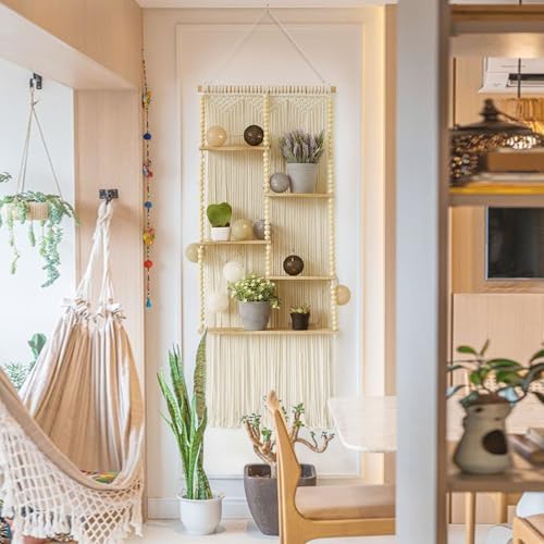 Macrame Wall Shelf Boho Hanging Organizer Floating Plant Shelf 11.8"W*47"L - Image 3