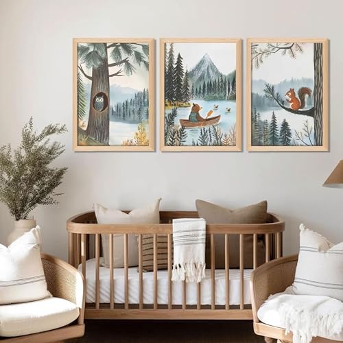 Framed Cute Animals Wall Art Set of 3, Woodland Bear Canoe Adventure Nursery - Image 2