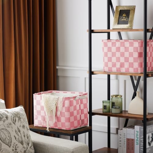 Ohocut Pink Coral Checkered Canvas Basket, Rectangular Organizing Decorative - Image 3