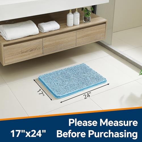 Chenille Bathroom Rug 17"x24" Sky Blue, Non-Slip Plush Bath Mat - Image 2