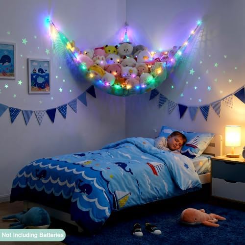 Stuffed Animals Hammock with LED Light Toy Net Room Decor Corner Storage - Image 3