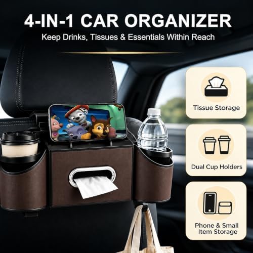 Back Seat Car Organizer, 2 Cup Holders, Tissue Holder, Phone Stand & Hooks - Image 2