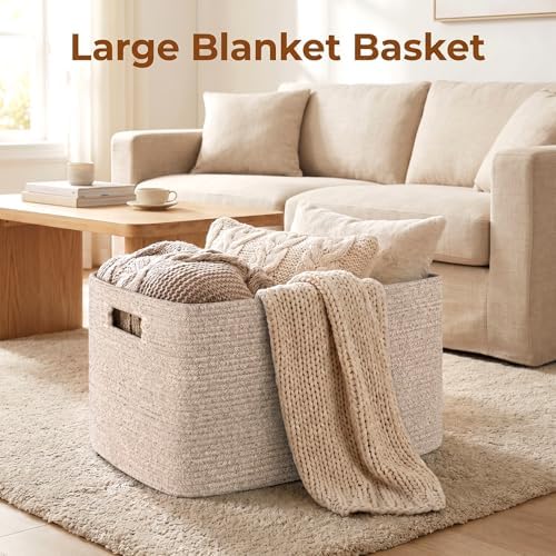 OIAHOMY 75L Large Blanket Basket Woven Cotton Rope Storage Basket Brown - Image 2