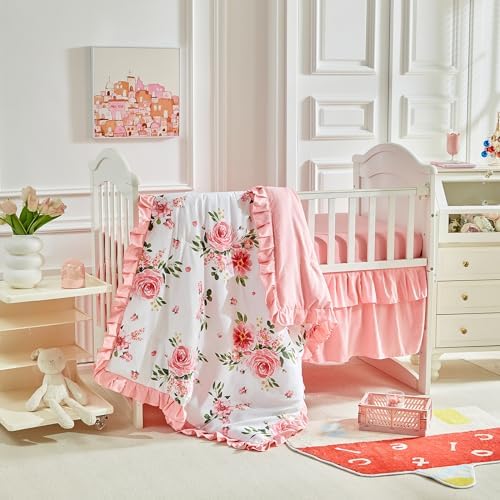3 Pieces Flowers Mini Crib Bedding Set Baby Ruffled Quilted Comforter - Image 3