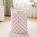 Ohocut Pink Checkered Laundry Basket, Collapsible Aesthetic Cute Canvas by Ohocut