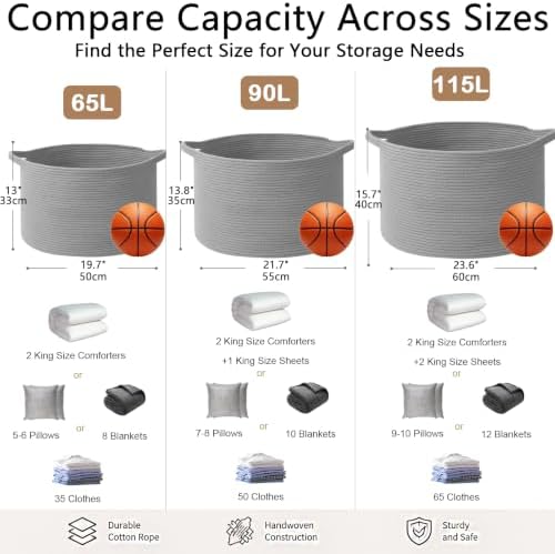 65L Large Blanket Basket, Woven Rope Laundry Basket-Light Gry - Image 2