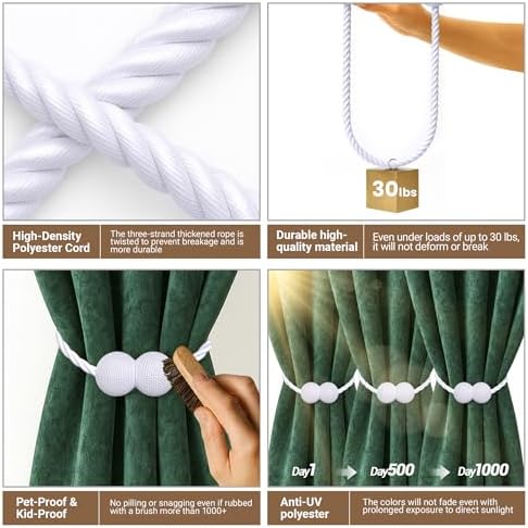 Hion Magnetic Curtain Tiebacks White 4 Pack, Curtain Tiebacks Buckles Holdbacks - Image 3
