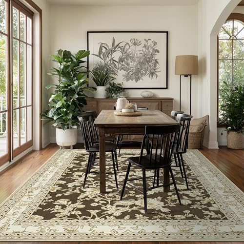 Brown and Beige Rug 5x8 Modern Floral Soft Carpet Washable - Image 2