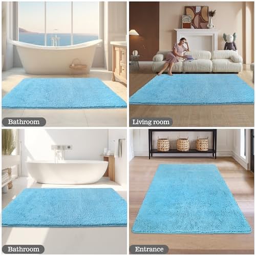 Yeaban Chenille Sky Blue Bathroom Rug 40"x60", Non-Slip Rubber Backing - Image 5