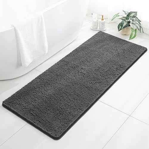 Chenille Bathroom Runner Rug 24"x60" Dark Gray, Plush Bath Mat by Kildoss