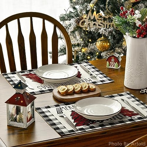 Artoid Mode Waterclor Buffalo Plaid Christmas Trees Placemats Set of 12 - Image 4