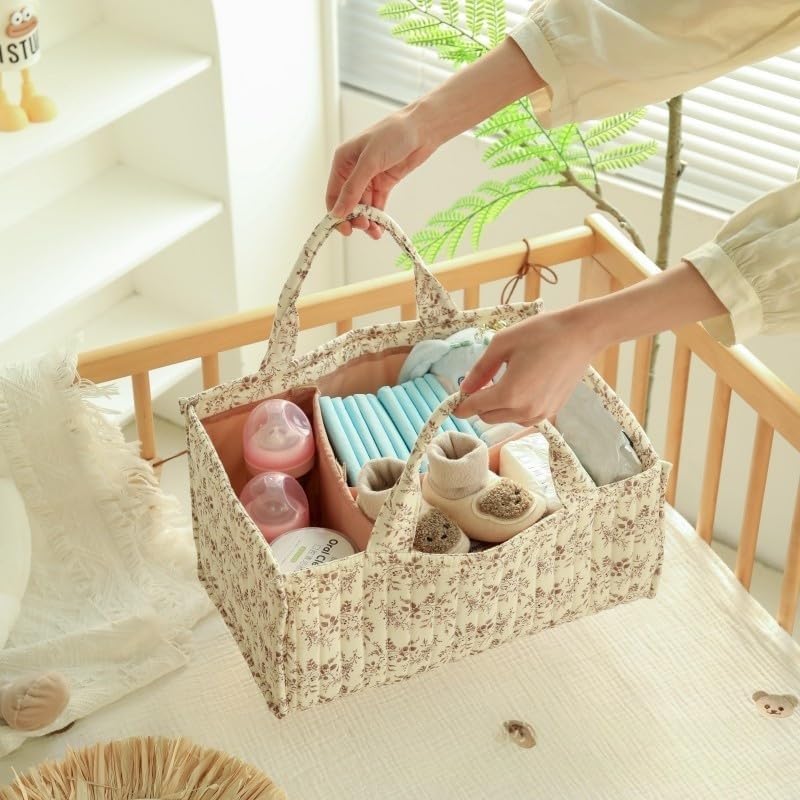 Diaper Caddy Organizer, Cute Floral Nursery Storage Basket, Soft Portable - Image 2