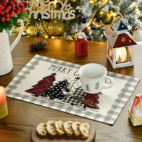 Artoid Mode Watercolor Grey Buffalo Plaid Christmas Trees Placemats Set of 6 - Image 3