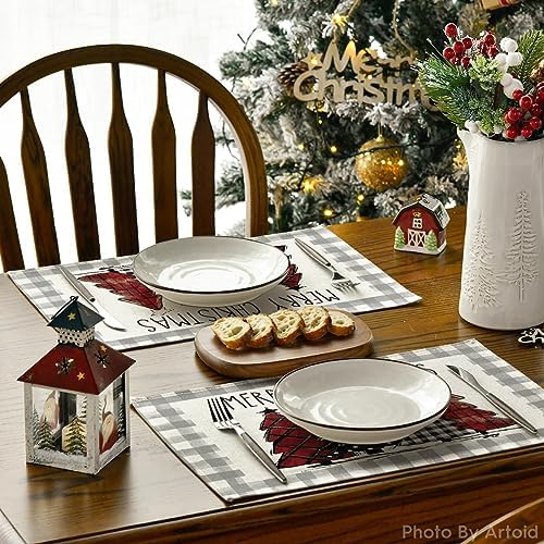 Artoid Mode Watercolor Grey Buffalo Plaid Christmas Trees Placemats Set of 4 - Image 4