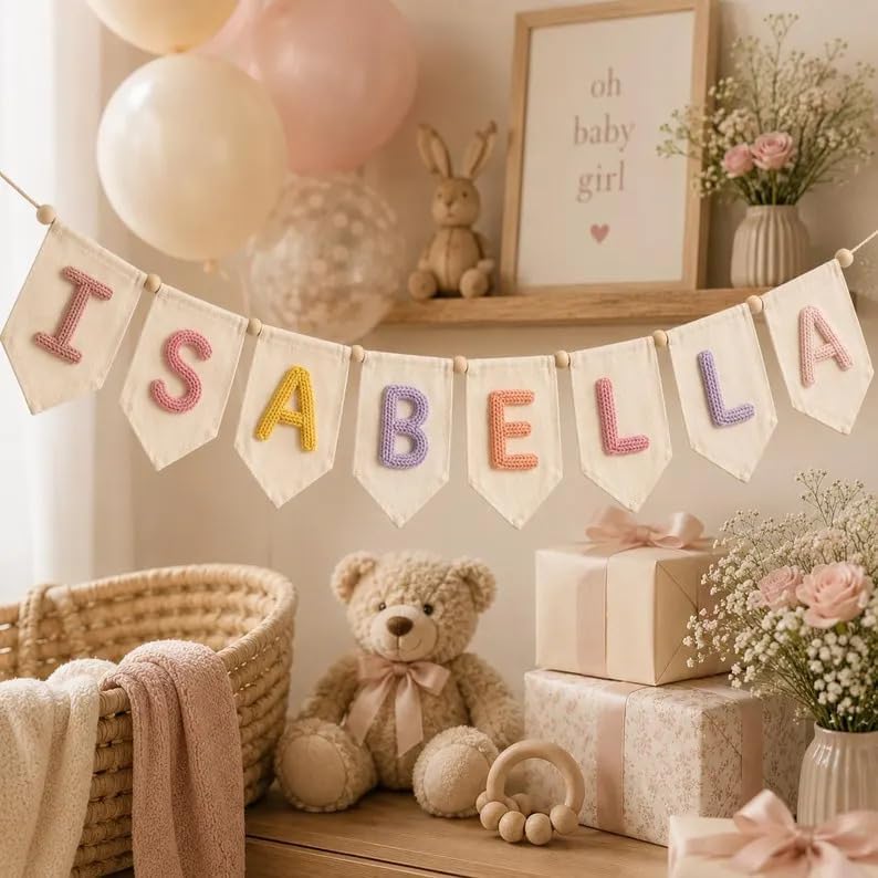 Personalized Felt Baby Name Bunting Banner, Custom Yarn Letter Canvas Banners - Image 2