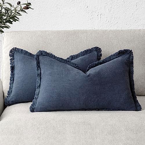 Foindtower Boho Linen Fringe Lumbar Throw Pillow Covers 12×24 Navy Blue by Foindtower