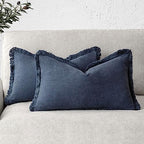 Foindtower Boho Linen Fringe Lumbar Throw Pillow Covers 12×24 Navy Blue by Foindtower