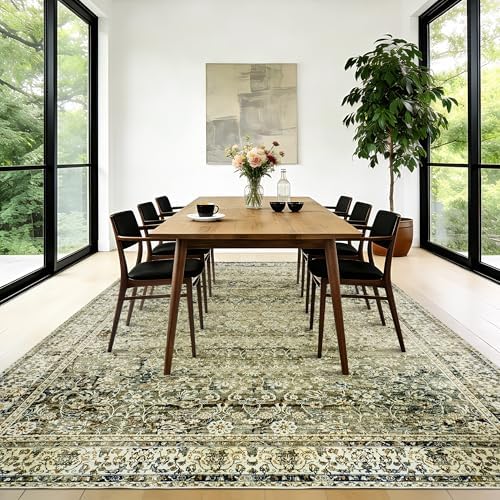 Large Area Rugs 8x10 for Living Room Low Pile Vintage Rug Olive and Cream - Image 5