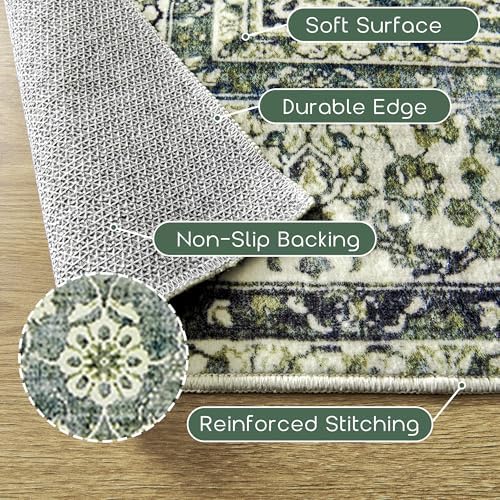 Green and Navy Washable Rug Runners 2x6 Vintage Floral Rugs - Image 3