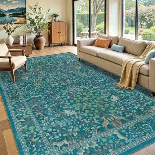 Teal Floral Area Rug 6x9, Low Pile Thin Non Slip Washable Rugs by Jainmy