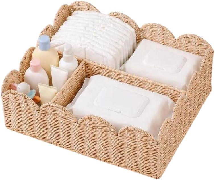 Rattan Diaper Caddy with Divider, Wicker Scalloped Baby Basket by Unknown