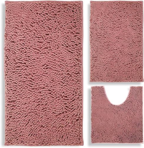 Bathroom Rugs Chenille 3-Piece Extra Soft and Absorbent Shag Bathroom Rugs by BOANKODU