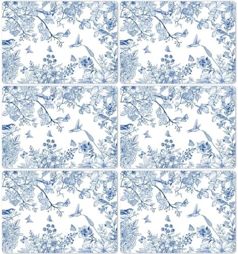 Blue Floral Placemats Set of 6 Flower Bird Plastic Table Mats Seasonal Spring by OBUSATT
