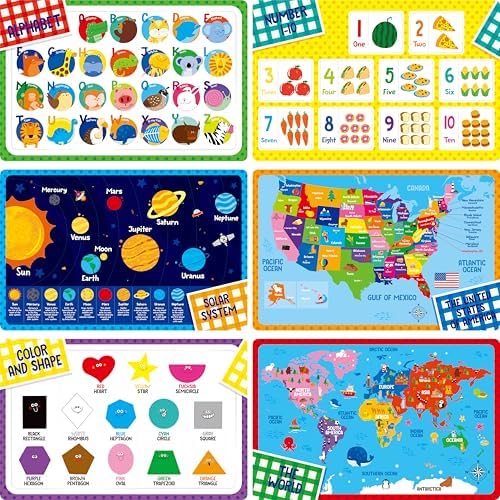 6 Pack Placemats for Kids, Non-Slip Washable, Reusable Alphabet, Shape & Color by SpriteGru