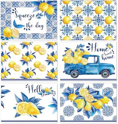 OBUSATT Blue and Yellow Lemons Placemats Set of 6 17×12 Inch Summer Lemon by OBUSATT