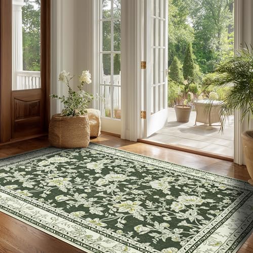BILEEHOME Olive Green Sketch Floral Rug 4x6 Non Slip Small Rugs - Image 6