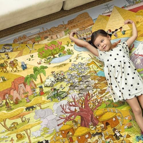 Large Kids Playroom Rug 8x10 – Desert Adventure Safari Animal Map Carpet by HazoHaus