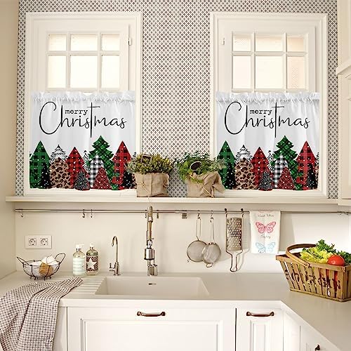 Merry Christmas Kitchen Curtains and Valances Set, Buffalo Plaid Xmas Tree - Image 3