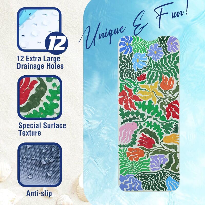 Plant Bathtub Mat Non Slip for Kids 40x16in Extra Long Floral Anti Slip Bath - Image 3
