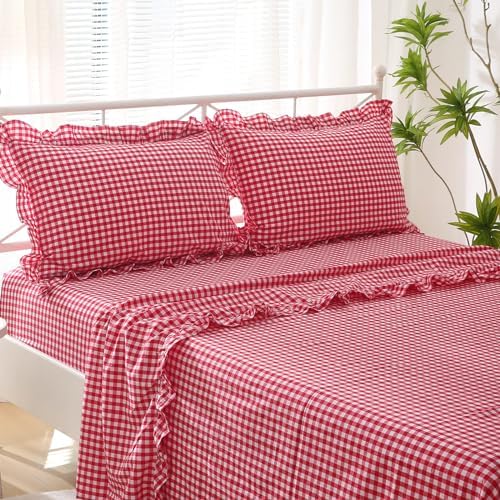 2 Pack Red White Gingham Ruffle Standard Pillow Shams 20"x26" - Image 3