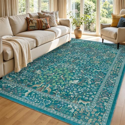 Teal Tree of Life Area Rug 5x7, Boho Farmhouse Carpet by Jainmy