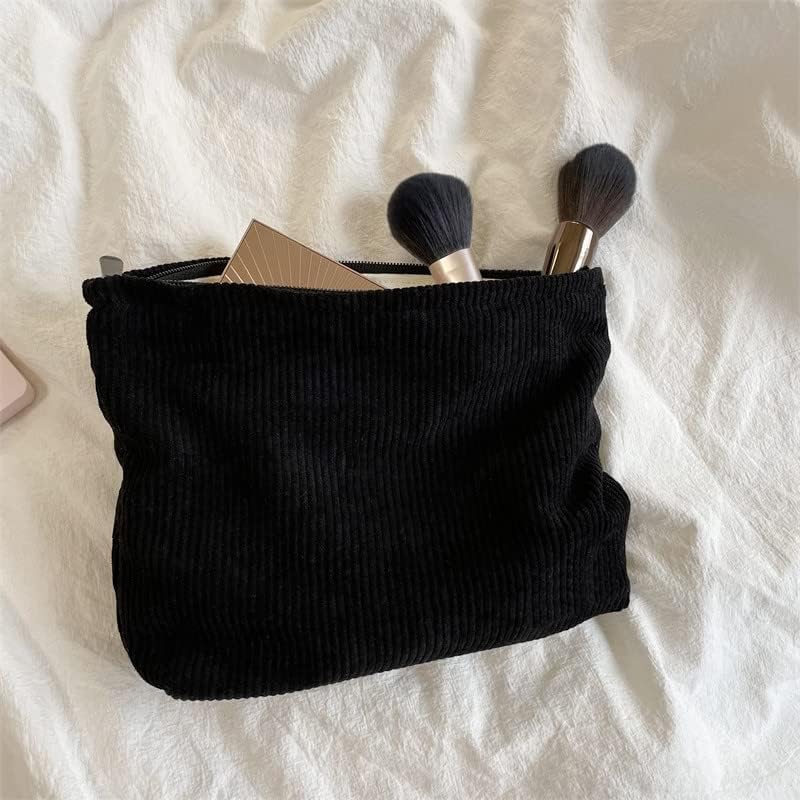 Flat Makeup Bag for Women, Zipper Cosmetic Pouch for Purse, Corduroy Black - Image 6