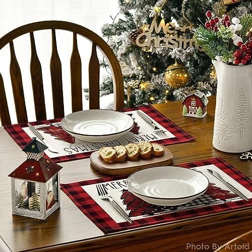 Artoid Mode Red and Black Buffalo Plaid Christmas Trees Placemats Set of 4 - Image 4