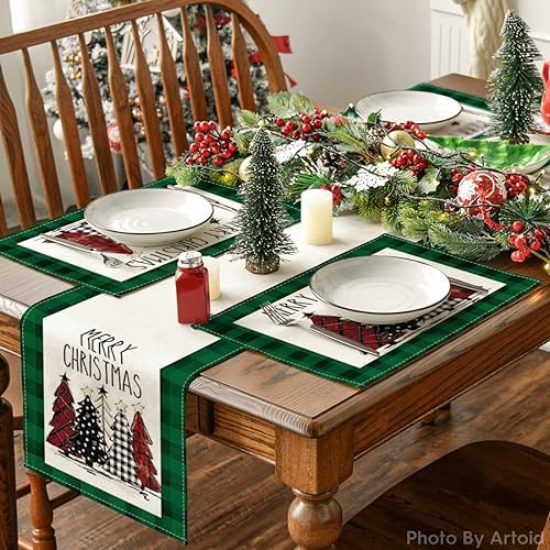 Artoid Mode Waterclor Green Buffalo Plaid Christmas Trees Placemats Set of 4 - Image 5