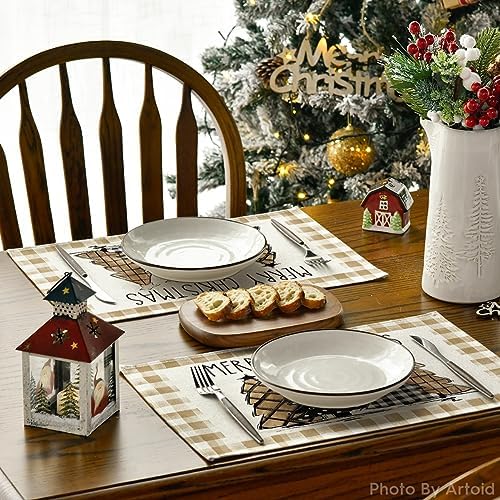Artoid Mode Watercolor Brown Buffalo Plaid Christmas Trees Placemats Set of 4 - Image 4