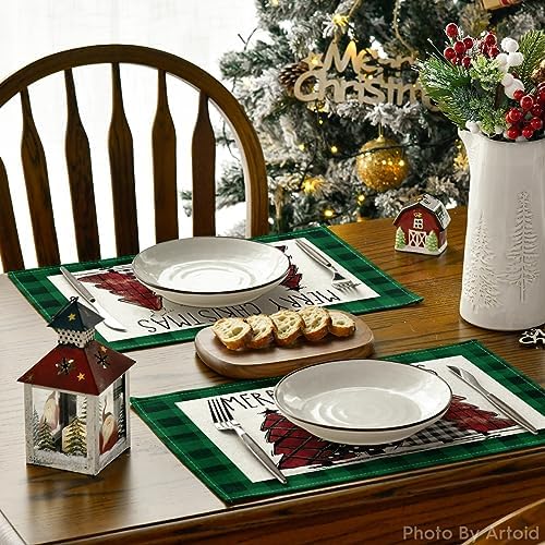 Artoid Mode Waterclor Green Buffalo Plaid Christmas Trees Placemats Set of 4 - Image 4