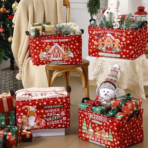 4 Pcs Gingerbread Man Christmas Basket Red Fabric Bins 15x10x8 - Image 6