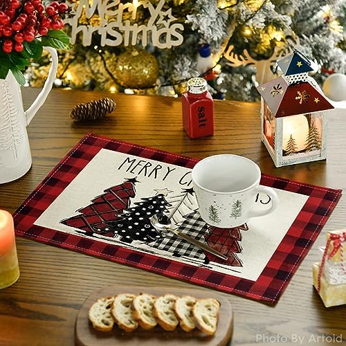 Artoid Mode Red and Black Buffalo Plaid Christmas Trees Placemats Set of 2 - Image 3