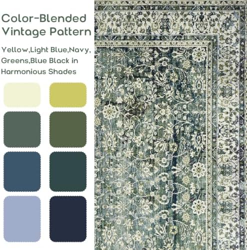 Green and Navy Washable Rug Runners 2x6 Vintage Floral Rugs - Image 2