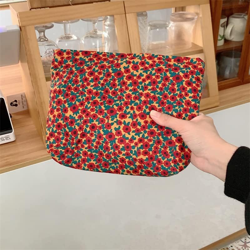 Flat Makeup Bag for Women, Zipper Cosmetic Pouch for Purse, Floral Red - Image 6